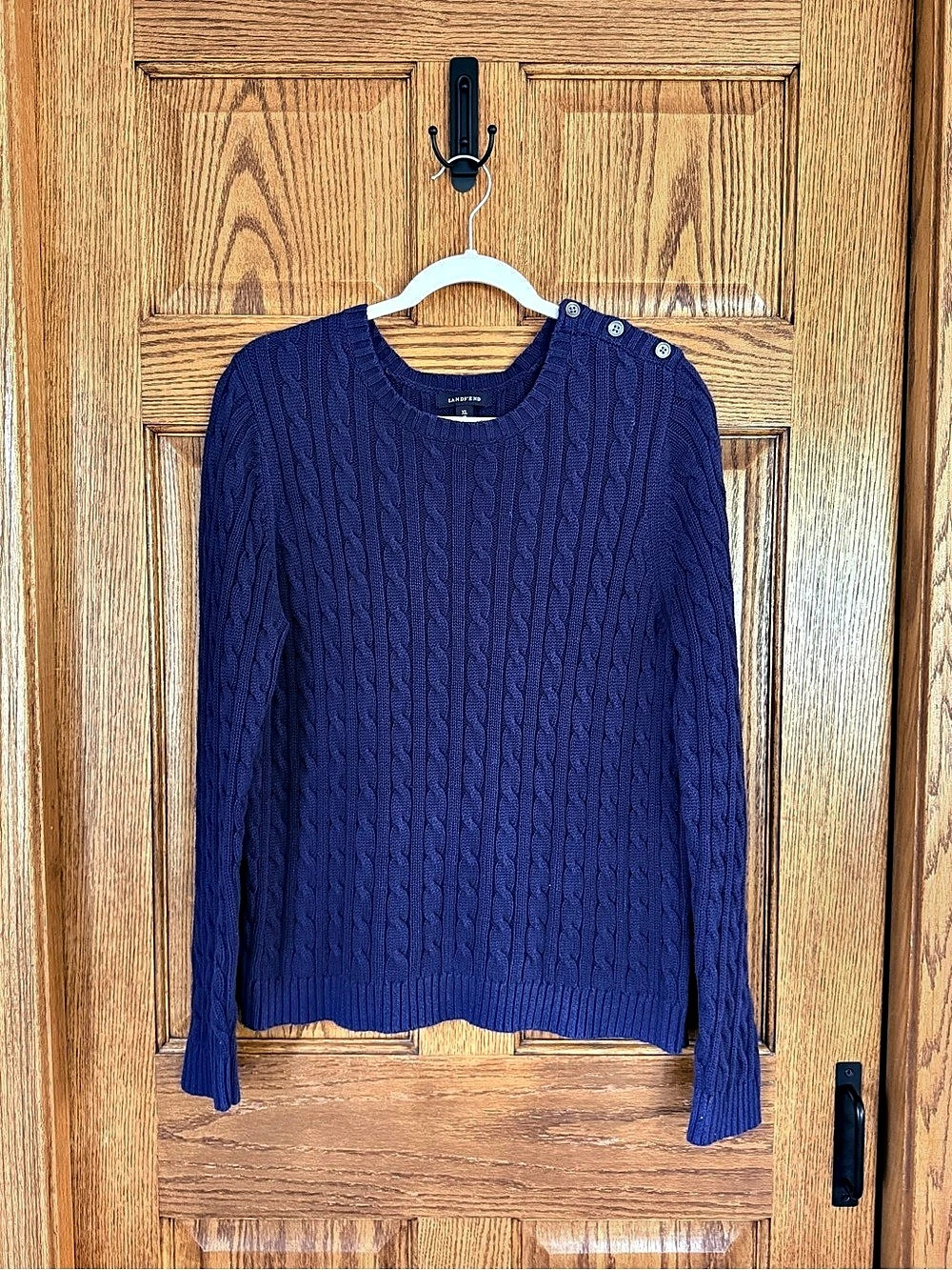 Lands' End Cable Knit Navy Blue Crewneck Sweater with Shoulder Buttons size CL